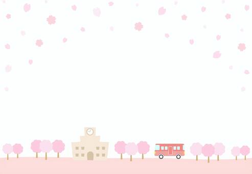 桜と学校 3月4月の入学・卒業の背景 桜,さくら,春,背景,フレーム,花,卒業,入学,卒業式,入学式のイラスト素材
