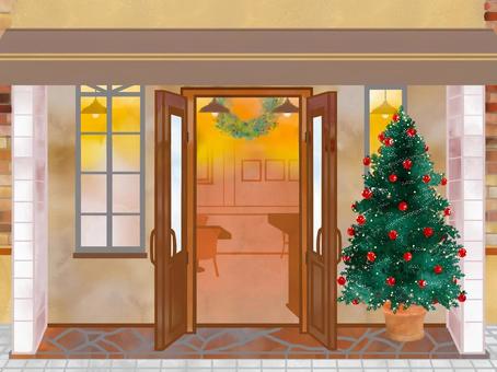 カフェのイラスト　グリーンツリー カフェ,店舗,喫茶店,飲食店,正面,建築物,風景,街角,クリスマスツリー,もみの木のイラスト素材