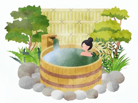 露天風呂01 露天風呂01 露天風呂,温泉,湯,桶,女性,山,木,自然,石,岩のイラスト素材