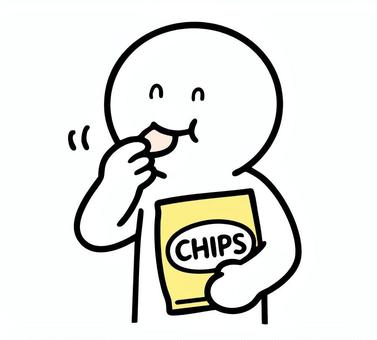 スナック菓子を食べる棒人間 スナック,食べる,おやつ,チップス,笑顔,棒人間,線画,キャラクター,手描き,手書きのイラスト素材