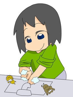 手洗いをする女の子 手洗い,健康,風邪予防,カラー,女の子,ミニキャラのイラスト素材