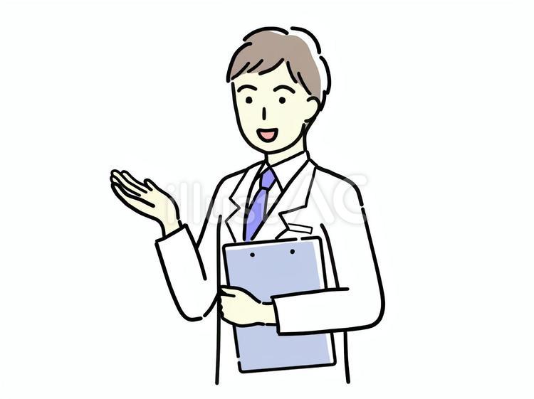 ファイルを持つ白衣の若い男性　こちらです こちら,男性,どうぞのイラスト素材