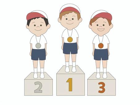 表彰台に乗る子どもたち(男の子) 表彰台に乗る子どもたち(男の子) 表彰台,表彰,表彰式,男の子,優勝,一位,二位,三位,上位,勝つのイラスト素材