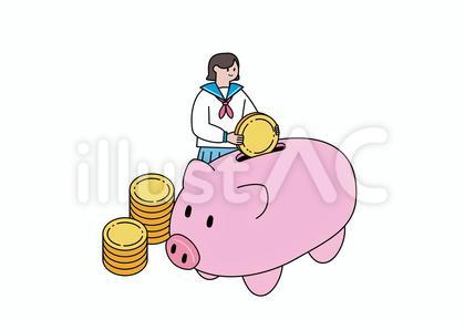 豚の貯金箱にコインを入れる女子学生