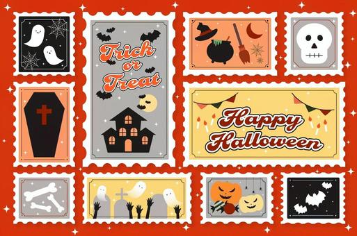 ポップなハロウィン切手風イラストセット ハロウィン,切手,切手風,おばけ,ゴースト,かぼちゃ,ジャックオーランタン,ゾンビ,手,魔女のイラスト素材