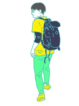 リュックを背負うサングラスの男性 男性,ズボン,半袖,リュック,サングラス,重ね着,長ズボン,歩く,登山,ハイキングのイラスト素材