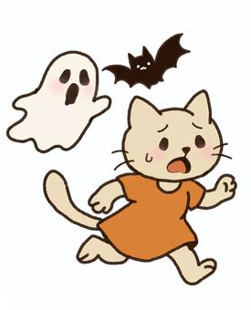 オバケとコウモリに追いかけられる怖がり猫 ハロウィン,秋,怖い,おばけ,コウモリ,猫,キャラクター,かわいい,走る,逃げるのイラスト素材