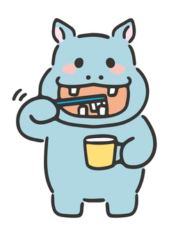 歯磨きするカバのイラスト02 カバ,歯磨き,生き物,生物,河馬,動物,歯科,清潔,健康,病院のイラスト素材