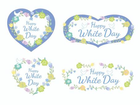 ホワイトデーロゴセット　花ブルー ホワイトデー,ハッピー,花,フラワー,鳩,鳥,ハート,バラ,スズラン,ロゴのイラスト素材