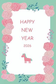 北欧風おしゃれなバラとかわいい馬の年賀状 年賀状,馬,北欧,花,2026年,干支,令和8年,午年,手書き,かわいいのイラスト素材