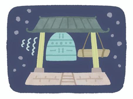 除夜の鐘（背景あり） 除夜の鐘,梵鐘,つく,鳴らす,音,鐘撞き,鐘楼,お堂,夜,背景のイラスト素材