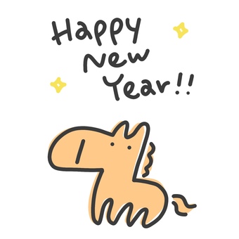 かわいい馬とHappy new year 馬,手描き,シンプル,かわいい,挿絵,ハッピーニューイヤー,happynewyear,年賀状,年賀状素材,正月素材のイラスト素材