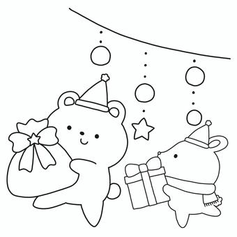 クリスマスプレゼントを持ったくまうさ クリスマス,プレゼント,くま,うさぎ,サンタ,帽子,マフラー,動物,モノトーン,塗り絵のイラスト素材