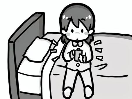 寝る前にスマホを触る女の子：モノクロ 睡眠,ブルーライト,スマホ,女の子,女性,ベッド,不眠,健康,保健,モノトーンのイラスト素材