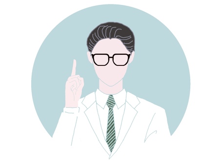 オールバック　白衣の男性 オールバック,メガネ,白衣,男性,ネクタイ,指差し,顔なし,丸枠,水色,バストアップのイラスト素材