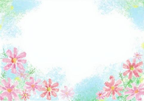 コスモスと青空の枠２ コスモス,秋,背景,手描き,枠,フレーム,花,秋桜,植物,コピースペースのイラスト素材