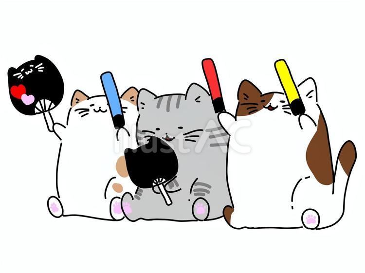 うちわとペンライトを持つ猫 猫,動物,手書きのイラスト素材