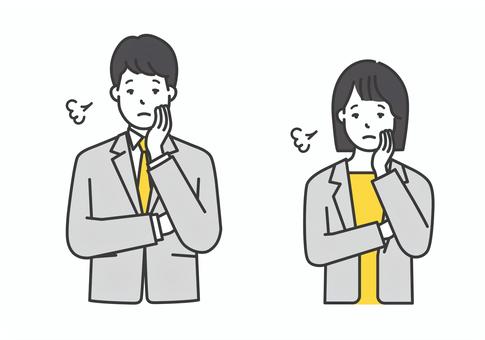 ため息をつく困り顔の男女ビジネスパーソン 人物,女性,男性,ビジネスパーソン,ため息,考え込む,不満,不本意,否定的,心配のイラスト素材