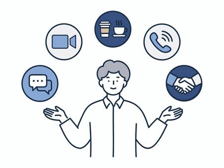 自由に選べる商談スタイルを示す男性 人物,男性,ビジネス,商談,方法,自由,選択,オンライン,面談,電話のイラスト素材