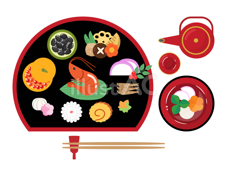 おせち料理とお屠蘇とお雑煮03 おせち料理,おせち,雑煮のイラスト素材