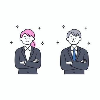 腕を組むビジネス男女のイラスト 人物,ビジネス,就活,男性,女性,スーツ,自信,笑顔,姿勢,成功のイラスト素材