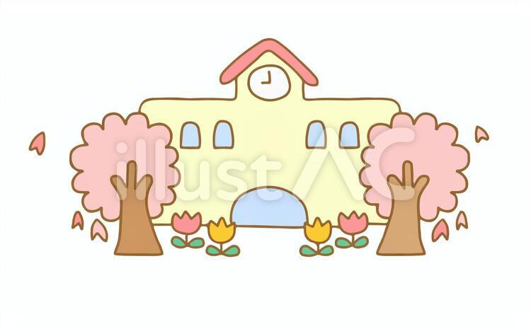 春の学校 学校,かわいい,手書きのイラスト素材