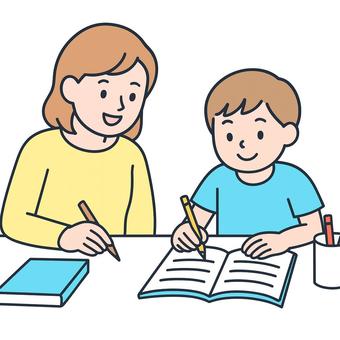 親子で一緒に勉強するイラスト