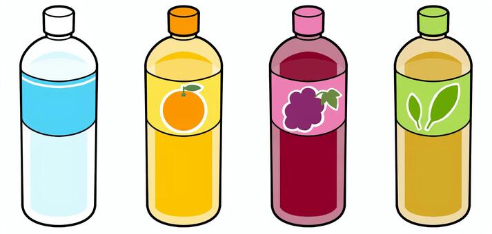 ペットボトルの飲み物4種セットイラスト ペットボトル,セット,飲み物,水,スポーツドリンク,ジュース,お茶,オレンジジュース,グレープジュース,ミネラルウォーターのイラスト素材