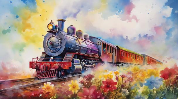 Illustration, watercolor painting, locomotive, rainbow, 