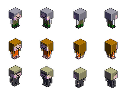 ボクセル×ドット　街シリーズ　人々 人物,セット,ボクセル,アイコン,ドット絵,人物セット,クォータービュー,斜め上視点,ピクセルアート,8bit風のイラスト素材