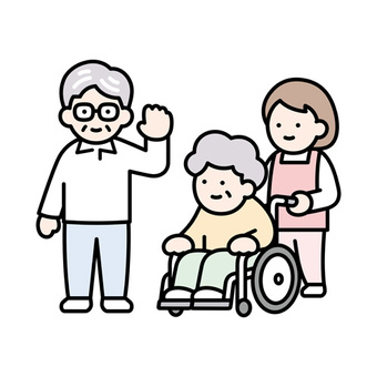 介護施設の高齢者と介護士 高齢者,介護,お年寄り,福祉,介護士,介護職員,車椅子,車いす,介助,見守りのイラスト素材