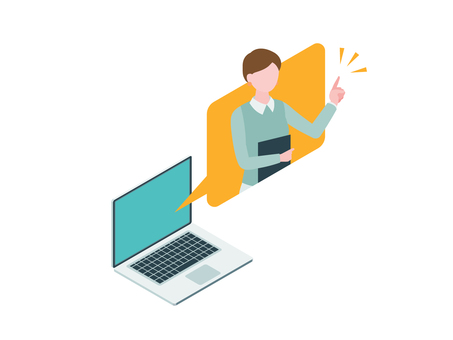 アイソメトリック_オンラインお問い合わせ アイソメトリック,立体,アイソメ,斜め上,人物,女性,スタッフ,オンライン,相談,リモートのイラスト素材