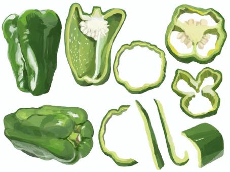 リアルすぎないピーマンセット 食べ物,野菜,ピーマン,緑黄色野菜,断面,半分,カット,輪切り,ひとくちサイズ,千切りのイラスト素材