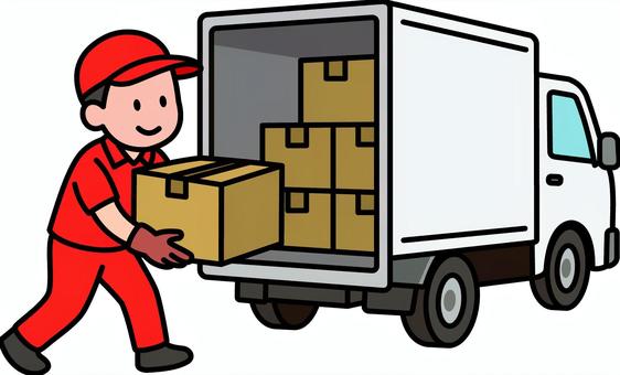 赤作業員の積み込み作業です。 運搬,トラック,シンプル,荷物,積み込み,車両,物流,荷台,運送,荷役のイラスト素材