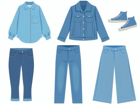 デニムの衣服いろいろ 服,デニム,ジーンズ,ジーパン,ジャケット,ブルゾン,シャツ,ズボン,ジャンパー,ジージャンのイラスト素材