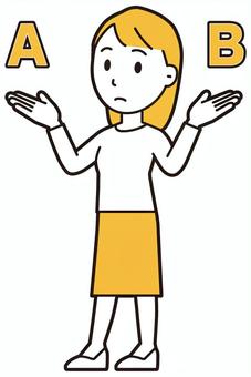 AとBの二択で悩んで考える若い女性 悩む,女性,女の子,人,ロングヘア,若い,迷う,考える,思案,真剣のイラスト素材
