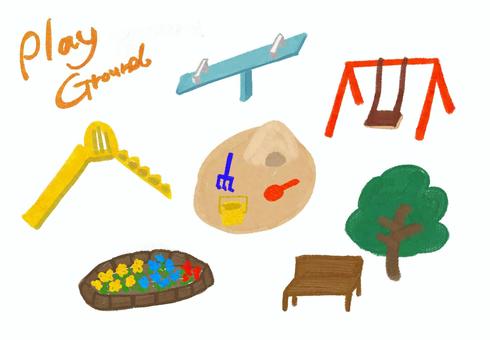 公園　イラスト 公園,外,遊び,遊具,外遊び,滑り台,ブランコ,シーソー,椅子,イスのイラスト素材