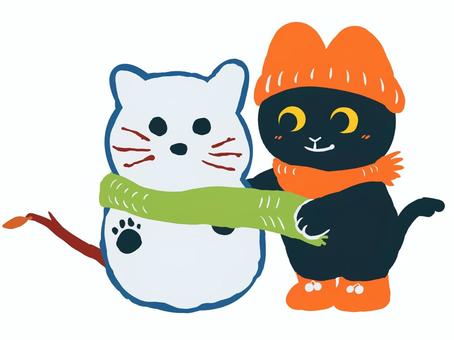 ゆきだるま作りねこちゃん ゆきだるま作りねこちゃん 冬,猫,黒猫,かわいい,雪だるま,絵本風,マフラー,挿絵,ワンポイント,擬人化のイラスト素材