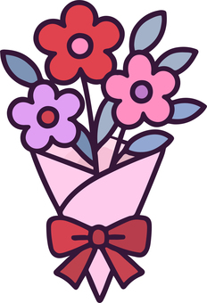 花束 花束,ガーベラ,カーネーション,バラ,かすみ草,葉,はっぱ,リボン,ピンク,花のイラスト素材