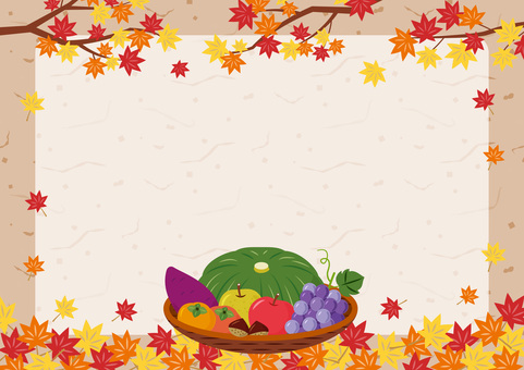 秋の味覚と紅葉の和風背景　 秋の味覚,背景,秋,紅葉,和風,フレーム,実り,落ち葉,収穫,果物のイラスト素材