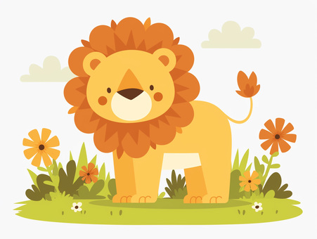 お花畑に立つかわいいライオン