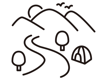 山と道のアウトドア自然風景/モノクロ線画 山,道,風景,テント,木,太陽,自然,景色,アウトドア,キャンプのイラスト素材