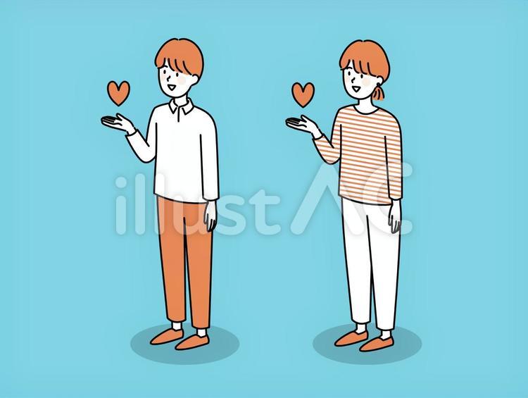 ハートをもつ男性と女性　シンプルな線画 女性,男性,ハートのイラスト素材