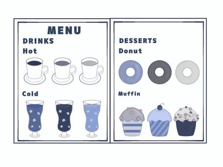 カフェメニュードリンクとデザート カフェ,メニュー,コーヒー,紅茶,アイスコーヒー,アイスティー,ドーナツ,デザート,マフィン,チェリーのイラスト素材