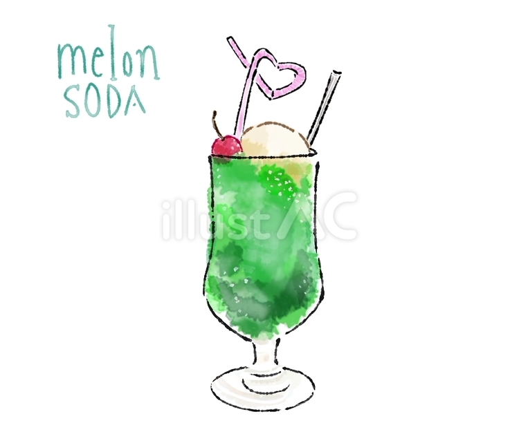 メロンソーダ　クリームソーダ　水彩　夏 メロンソーダ,飲み物,クリームソーダのイラスト素材