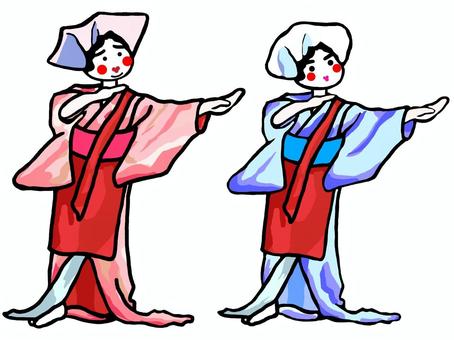 おもてもやん おてもやん踊り,女の子,熊本,民謡,着物,ペア,日本舞踊,イラスト,おかめ,ほっかむりのイラスト素材