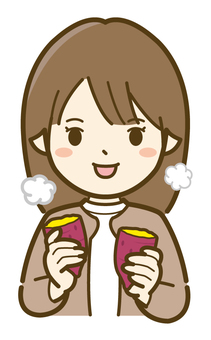 焼き芋を食べる女性02_25 女性,焼き芋,さつまいも,人物,人,秋,秋の味覚,焼きいも,やきいも,サツマイモのイラスト素材