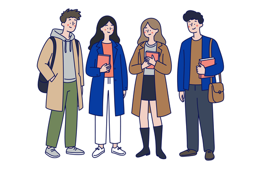 秋冬服の大学生グループのイラスト 人物,男女,大学生,学生,若者,グループ,友達,青春,秋,冬のイラスト素材