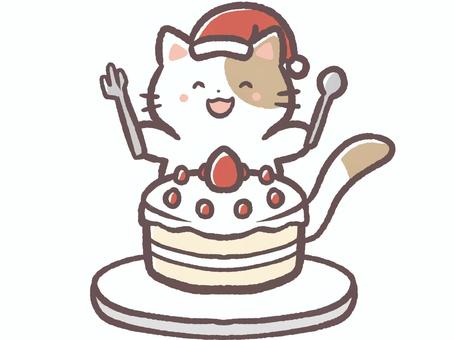 冬のクリスマスケーキ食べるサンタ帽子の猫 クリスマス,冬,12月,ケーキ,おいしい,クリスマスケーキ,食べ物,デザート,スイーツ,おやつのイラスト素材