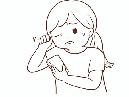 スマホで目が疲れている女性(色なし) 女性,女の子,主婦,ママ,人物,イラスト,上半身,スマホ,スマートフォン,疲労のイラスト素材